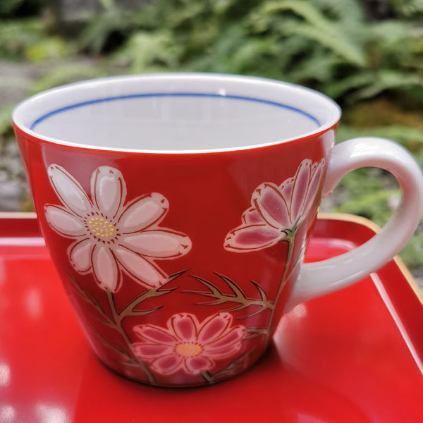 九谷焼 色絵マグカップ 四季の花 コスモス