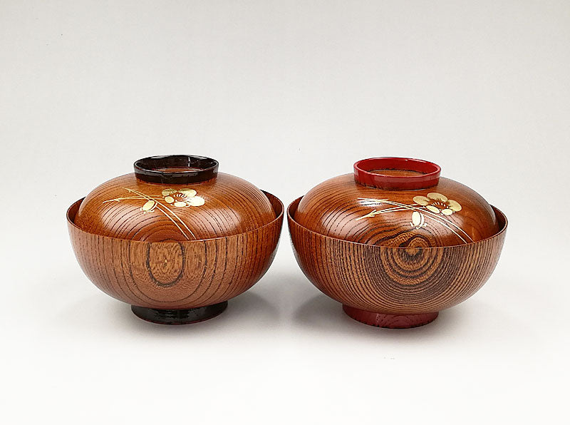 山中塗 欅木地 蓋付夫婦椀 梅松葉