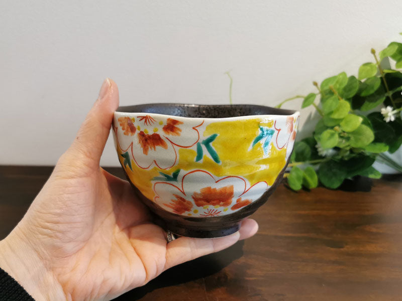 九谷焼 茶漬碗 花紋 黄色