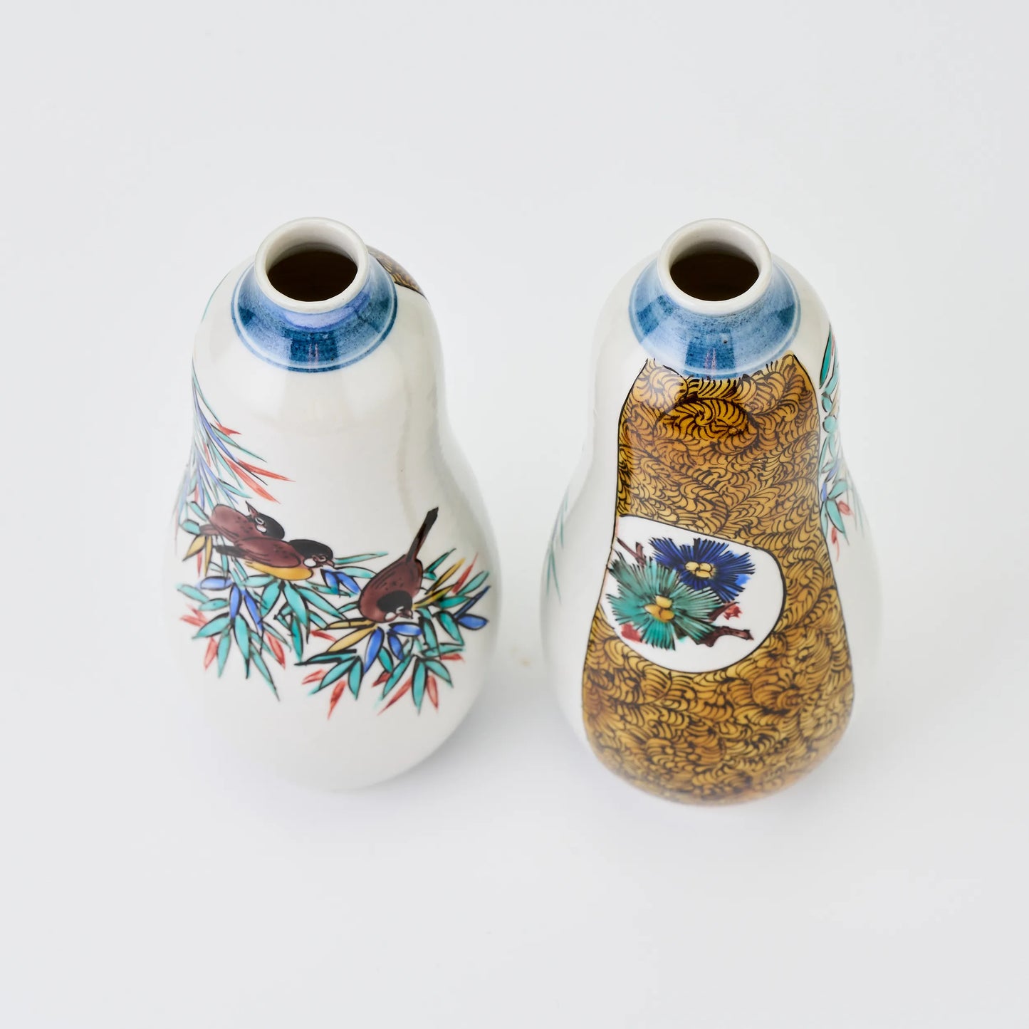 九谷焼【浅蔵五十吉作】瓢型竹に雀古九谷徳利一対