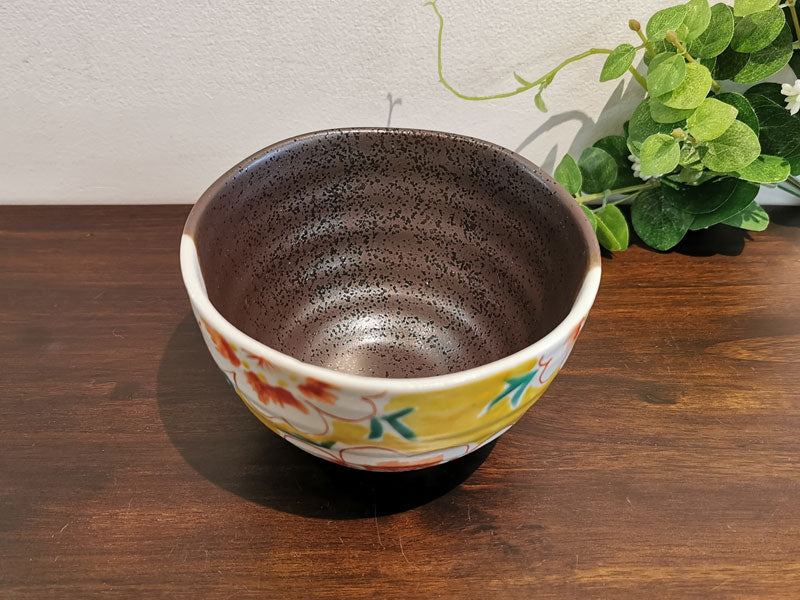 九谷焼 茶漬碗 花紋 黄色