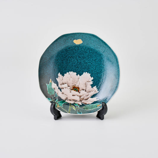 九谷焼【武腰一憲作】色絵牡丹八角飾皿