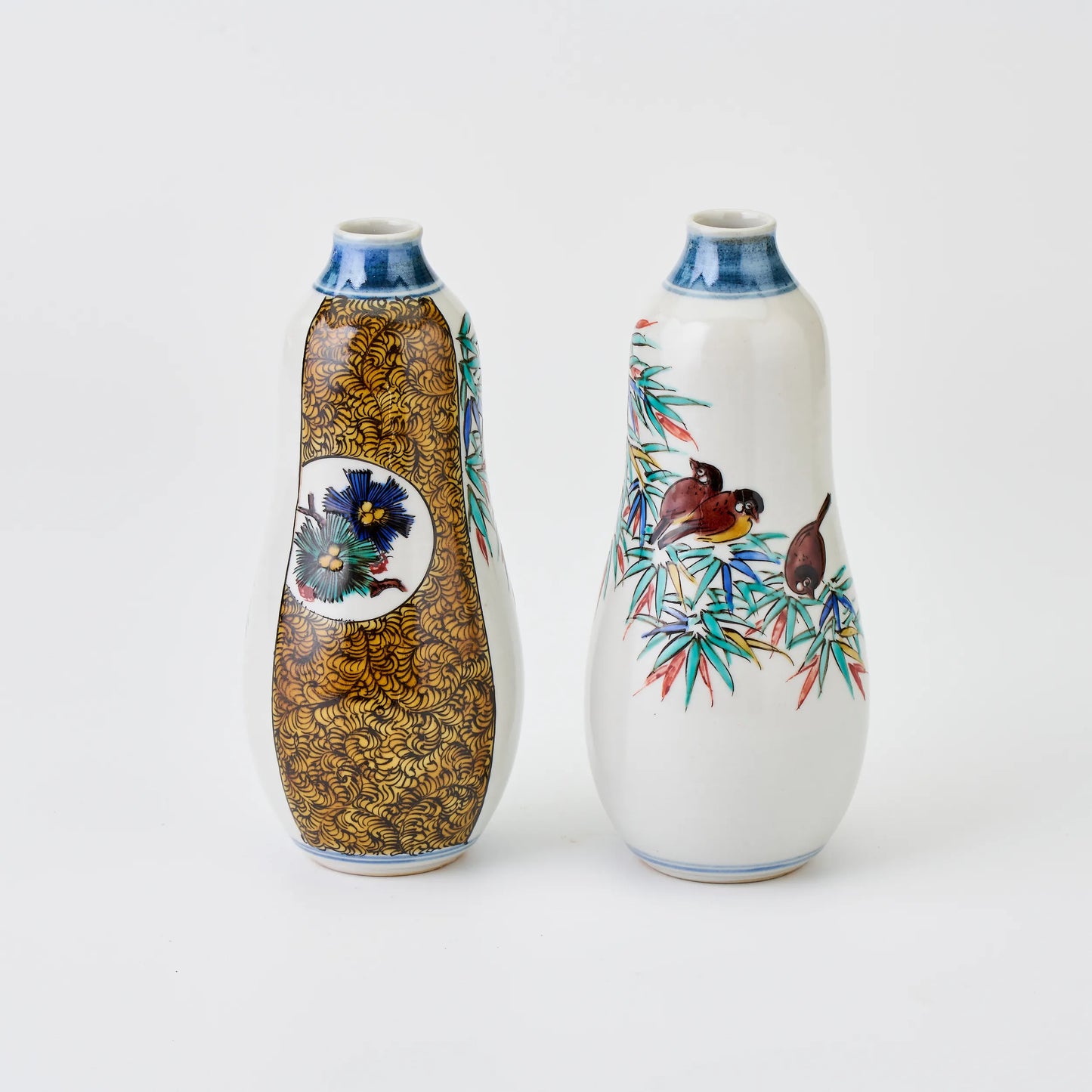 九谷焼【浅蔵五十吉作】瓢型竹に雀古九谷徳利一対