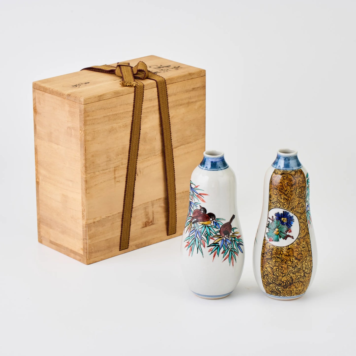 九谷焼【浅蔵五十吉作】瓢型竹に雀古九谷徳利一対