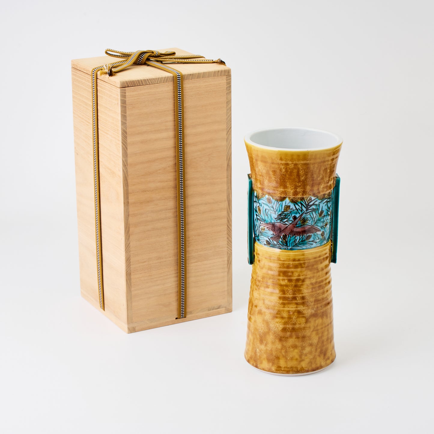 九谷焼【浅蔵五十吉作】松林に遊ぶ耳付花入