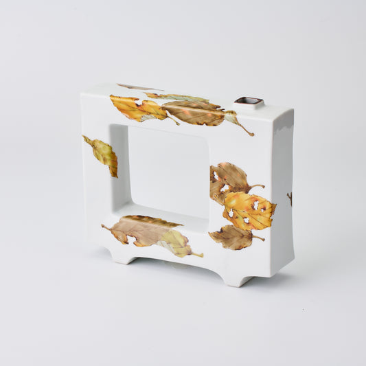 九谷焼【山田義明作】落葉 扁壷(木箱入り)