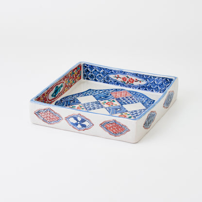 九谷焼【中田一於作】角小紋市松花文盛器