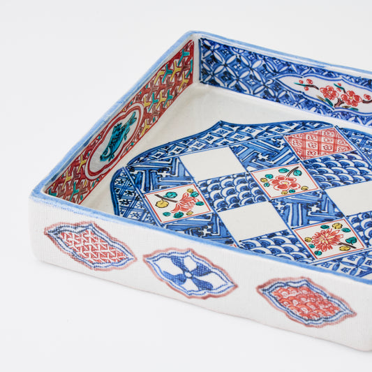 九谷焼 中田一於 作｜角小紋市松花文 盛器｜現代空間に映える逸品