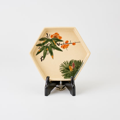 九谷焼【福田良則作】松竹梅六角皿